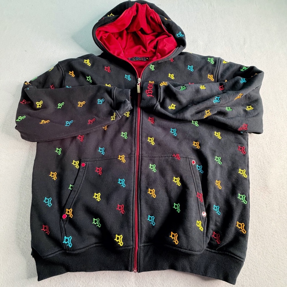 COOGI Hoodie Mens 2XL Black All Over Print Monogram Full Zip Streetweer Jacket